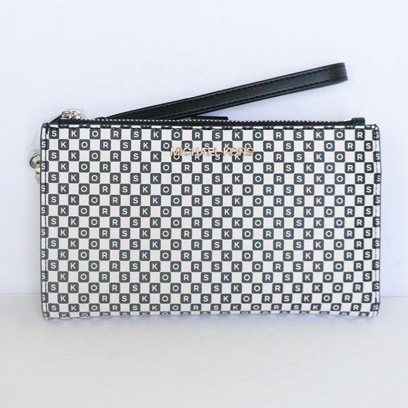 Michael Kors Double Zip Wristlet MK Checker White - Picture 1 of 8